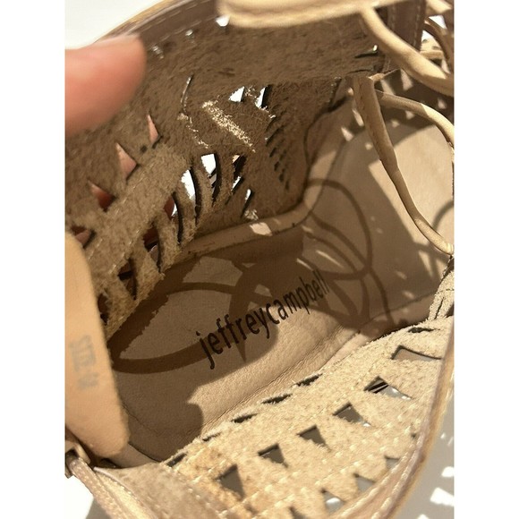Jeffrey Campbell Rodillo Lazer Cut Beige Nubuck Wedge Lace Up Sandals Size 6 M - Picture 6 of 7